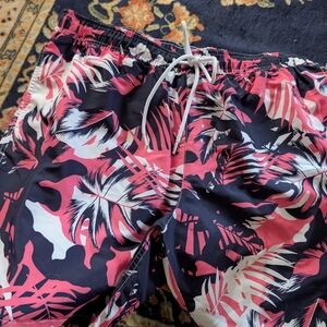 Calvin Klein Navy Swim Shorts with Pink & White Tropical Print W/ Pockets